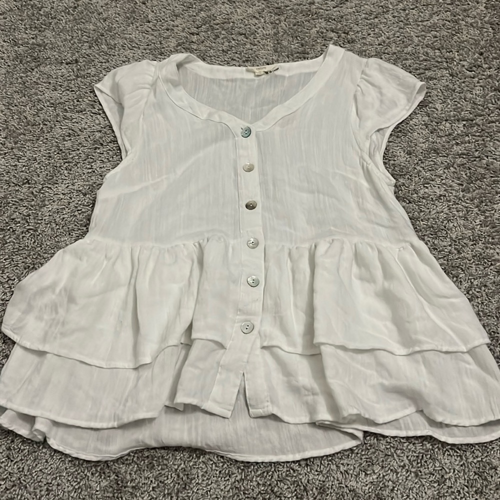 Francesca’s White Button Down Tiered Peplum Top